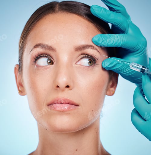 Preview: Plastic surgery, skincare and woman with injection, healthcare and on blue studio background. Femal