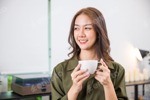 Preview: Portrait of Happy beautiful woman rest in summer after wakeup at office room