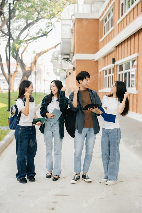 Preview: Young Asian college students and a female student group work at the campus park