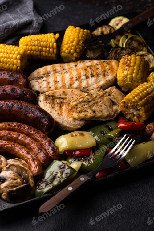 Preview: Grilled sausages, meat, and vegetables