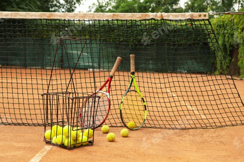 Preview: Rackets and tennis balls against net on clay court