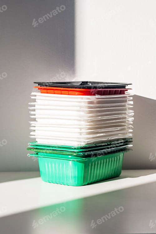 Preview: Pile of disposable plastic food containers ready for sorting and recycling.