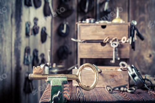 Preview: Locksmiths workshop with aged tools, locks and keys