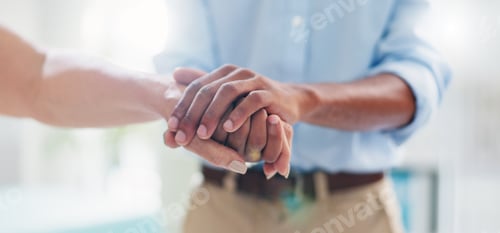Preview: Doctor, patient and hands of empathy closeup at hospital with bad news, results or cancer diagnosis