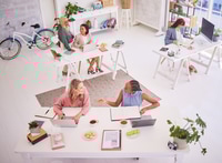 Preview: Creative, office and aerial of people, working in design studio for marketing company. Teamwork, st