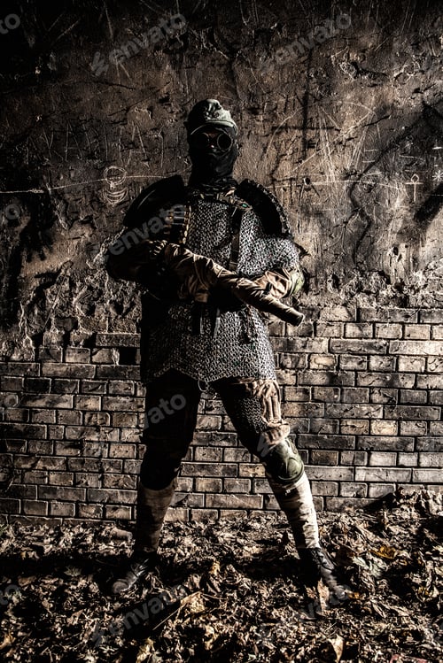 Preview: Post apocalypse soldier aiming with handmade gun