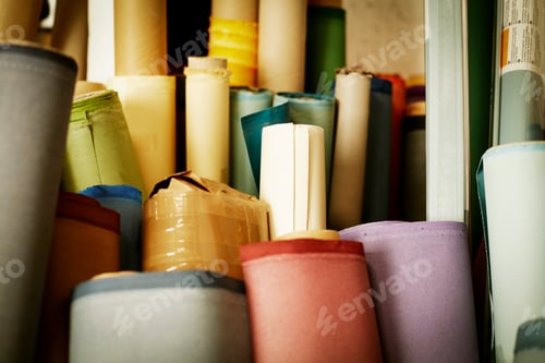 Preview: Rolls of materials, fabric and leather used in book binding.