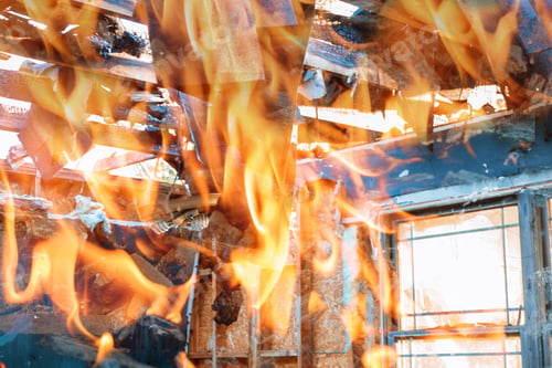 Preview: Burning wooden house fire view rise from burning house