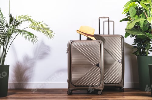 Preview: Elegant beige plastic suitcases on wheels and straw hat in aroom with tropical plants