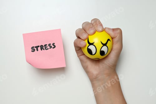 Preview: Stress theme concept, paper with inscription and not satisfied smiley.