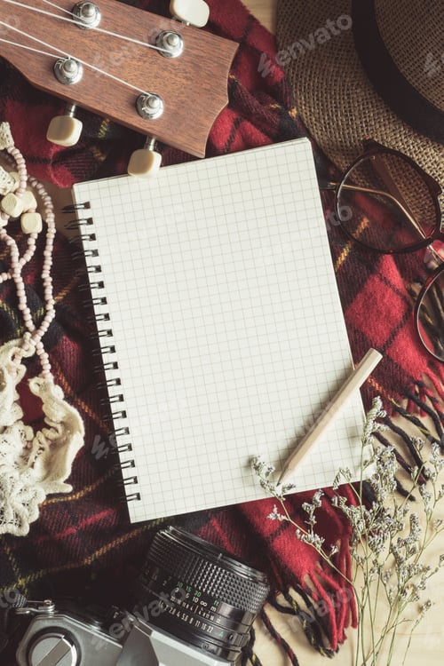 Preview: Blank notebook with ukulele and vacation stuff