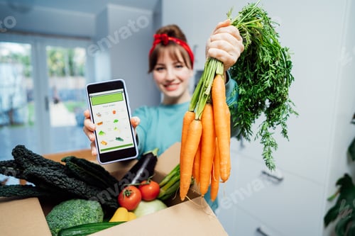 Preview: Online home food delivery. Focus on active app with order list on the phone screen and carrot bunch