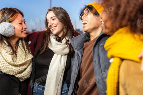 Preview: Happy young group of friends enjoying winter vacation together.