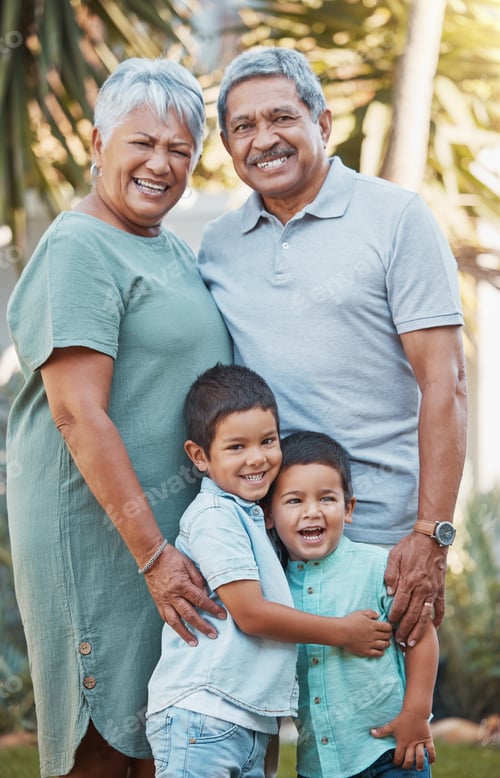 Preview: Grandparents, family children and garden portrait in outdoor wellness, love and hug for summer, hol