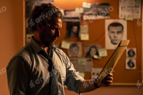 Preview: in the detective's office middle-aged investigator in a shirt and tie examines with a magnifying