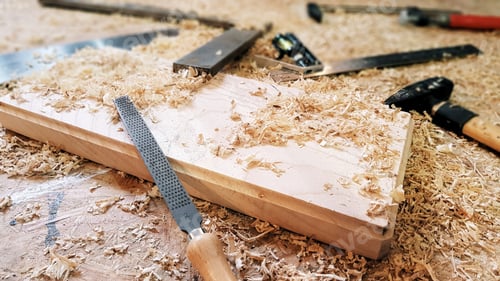 Preview: Closeup shot of carpentry tools on a wooden panel
