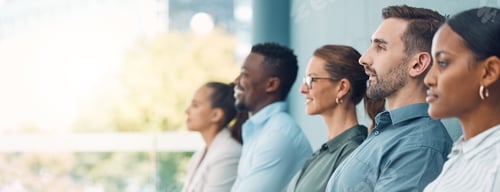 Preview: Recruitment, interview and people in queue for work at finance, insurance or investment business. G