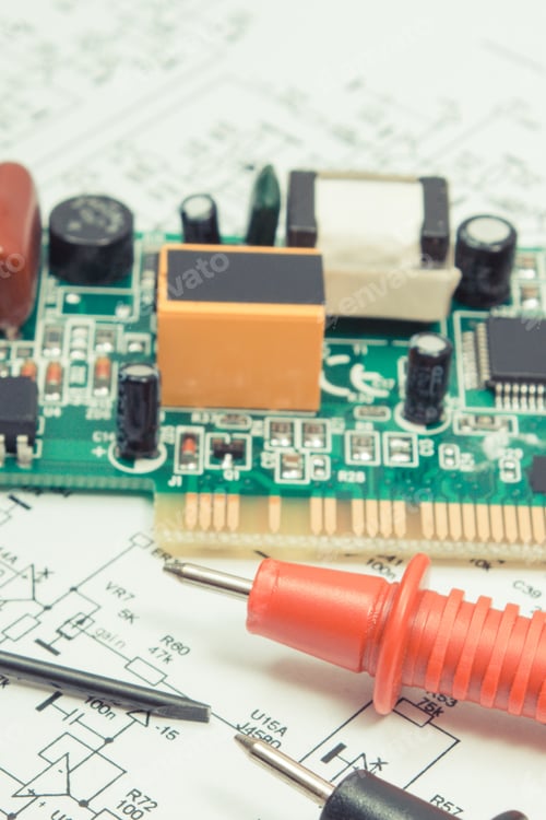 Preview: Circuit board with transistors, resistors, capacitor. Diagram of electronics