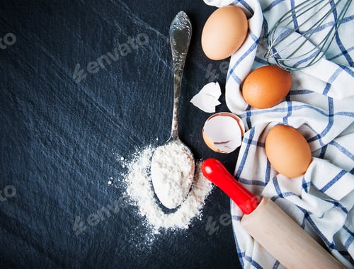 Preview: Baking background with eggs and flour