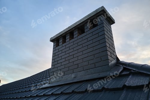 Preview: Chimney on house roof top covered with metallic shingles under construction. Tiled covering of