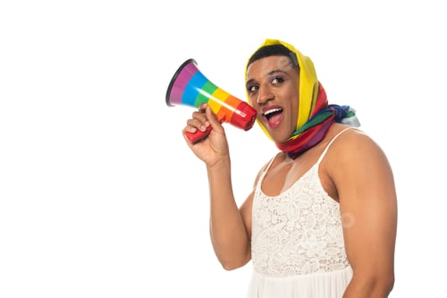 Preview: african american transsexual man in rainbow colors head kerchief screaming in megaphone isolated on