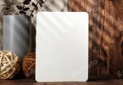Preview: blank paper poster frame with kitchenware on wood table with sunlight