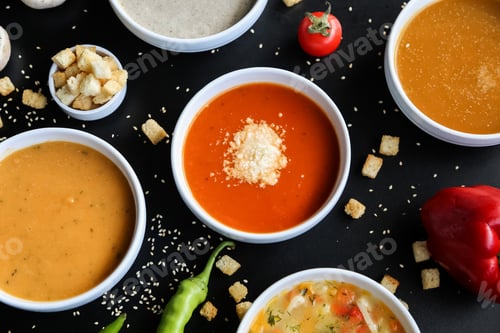 Preview: soup set mushroom lentil pumpkin tomato chicken top view