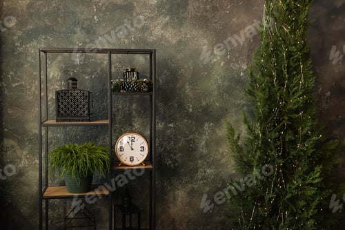 Preview: New Year grunge texture. Dark loft, concrete wall, Christmas tree in a garland with lights,