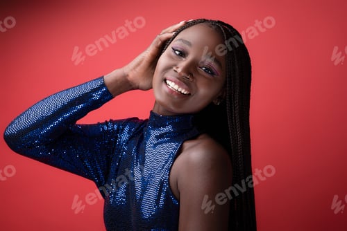 Preview: Beautiful Young Black Woman Wearing Sequin Dress Posing Over Red Studio Background