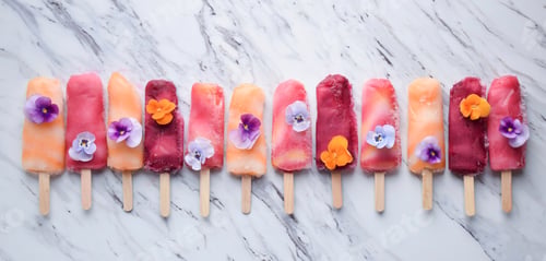 Preview: Colorful popsicle and violet flowers lined up in a row on a marble countertop.