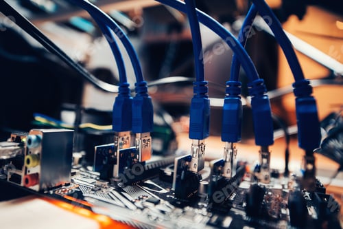 Preview: cryptocurrency mining rig technological details. Graphics cards inserted into motherboard