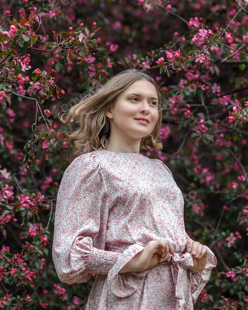 Preview: Portrait of a young blonde among blooming pink apple trees. Spring blooming garden with fruit trees