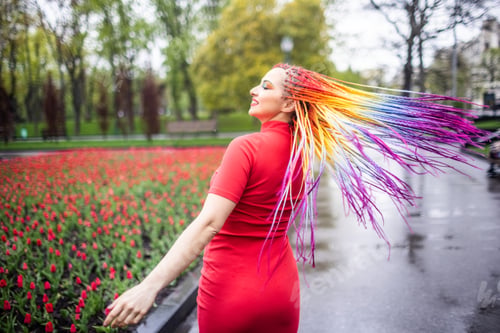 Preview: Cute girl with multi-colored African braids and bright expressive makeup in a tight red dress is