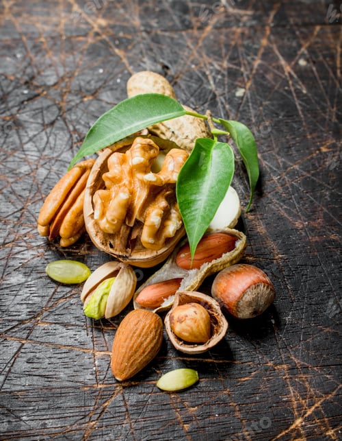 Preview: Nuts background. Assortment of different nuts with green leaves .