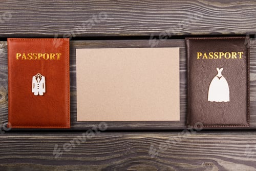 Preview: Just married couple passports and copy space.