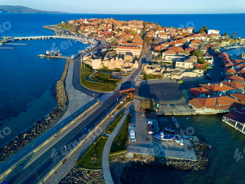 Preview: Panorama view from a height of the city of Nessebar with houses by the Black Sea in Bulgaria