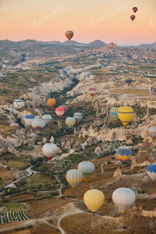 Preview: Balloons flying in rose valley, Cappadocia. Flights in Goreme. Turkey