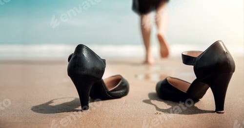 Preview: Work Life Balance.Business Woman take off her Working Shoes on the Sand Beach. Quit a Job