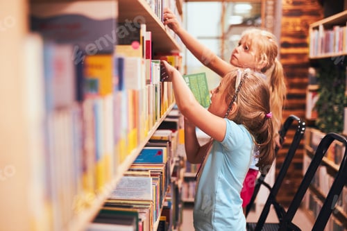 Preview: Two schoolgirls reading books in school library. Students learning from books. Back to school
