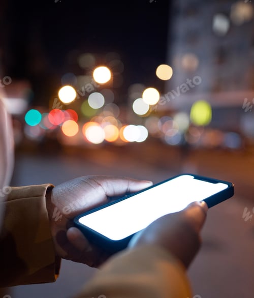 Preview: Night, mockup and phone with hands of woman in city for contact, digital and communication. Browsin