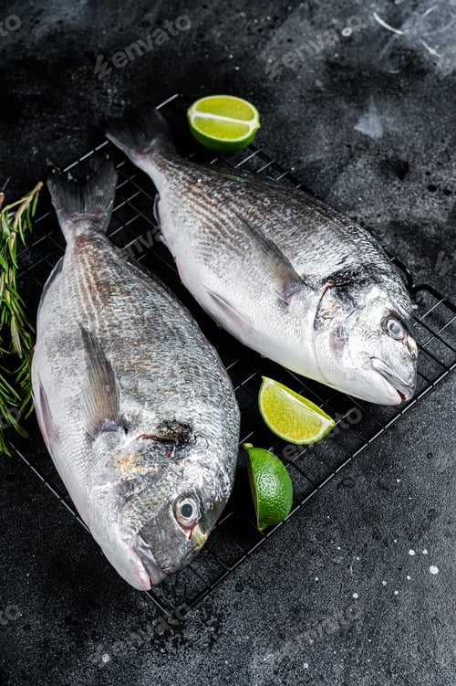 Preview: Raw sea bream dorado fish ready for cooking. Black background. Top view