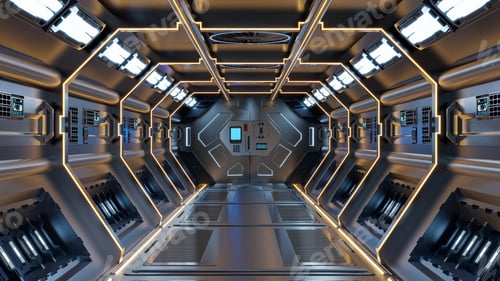 Preview: Science background fiction interior rendering sci-fi spaceship corridors yellow light.