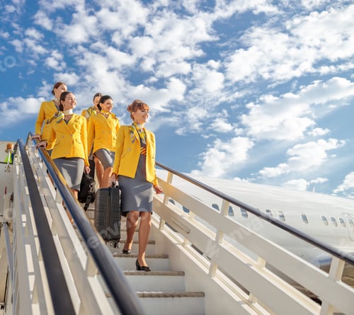 Preview: Cheerful stewardesses walking down airplane stairs under cloudy sky