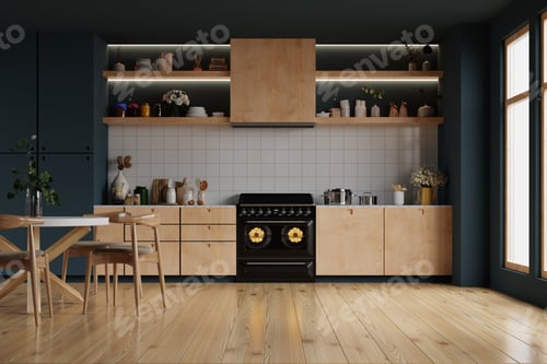 Preview: Modern style kitchen interior design with dark wall