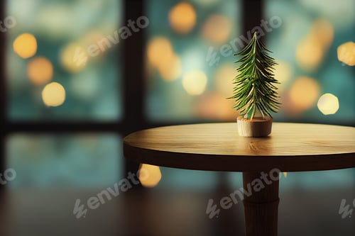 Preview: Empty wooden table.Against the background of blurred Christmas cozy window bokeh.Blurred background