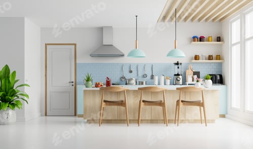 Preview: Modern kitchen interior with furniture.Stylish kitchen interior with white wall.