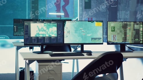 Preview: Empty military command headquarters with a big screen used for reconnaissance