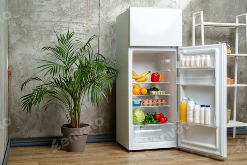 Preview: White Refrigerator With Open Door Showing Food Inside, Grey Concrete Wall, Wooden Floor, and Plant