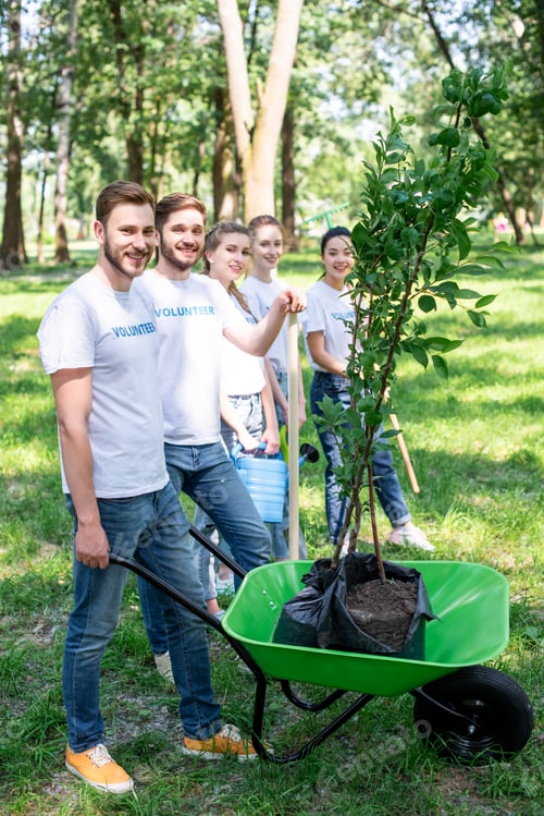 Preview: young volunteers with new trees in wheelbarrow
