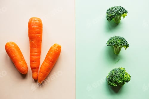 Preview: Flat lay of organic vegetables of carrot and broccoli. Eat healthy concept.